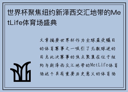 世界杯聚焦纽约新泽西交汇地带的MetLife体育场盛典