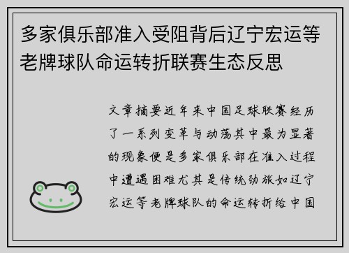多家俱乐部准入受阻背后辽宁宏运等老牌球队命运转折联赛生态反思